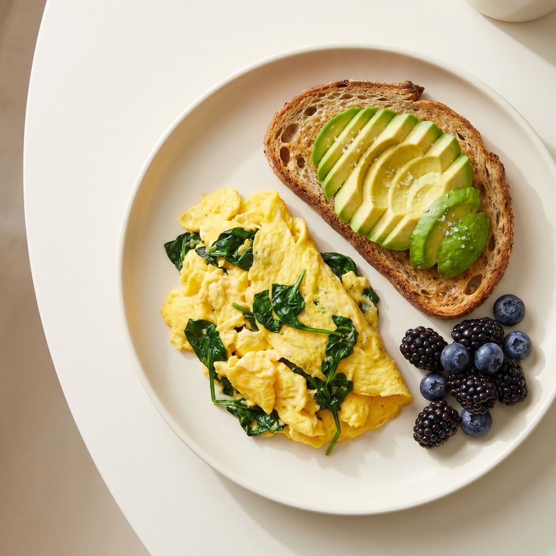 Breakfast: scrambled eggs with spinach, avocado toast, and fresh berries