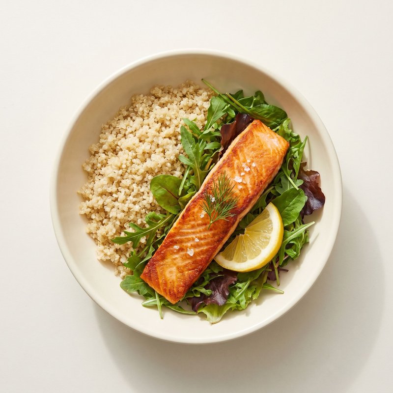 Dinner: seared salmon on mixed greens with quinoa