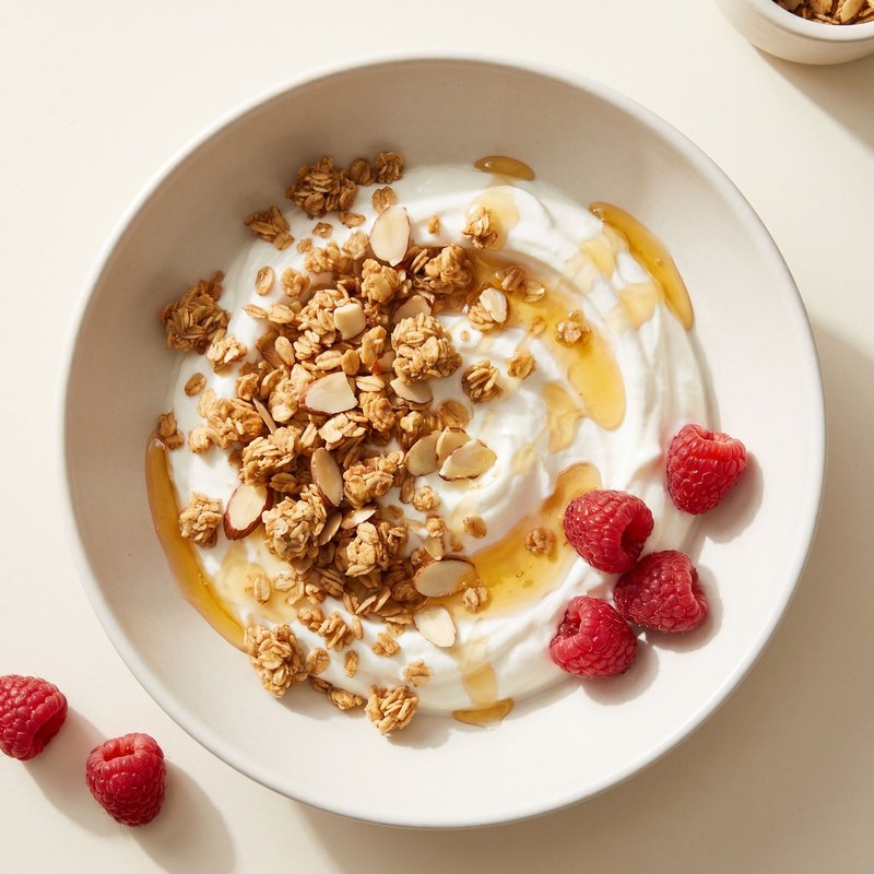 Snack: Greek yogurt bowl with granola, honey, and fresh raspberries
