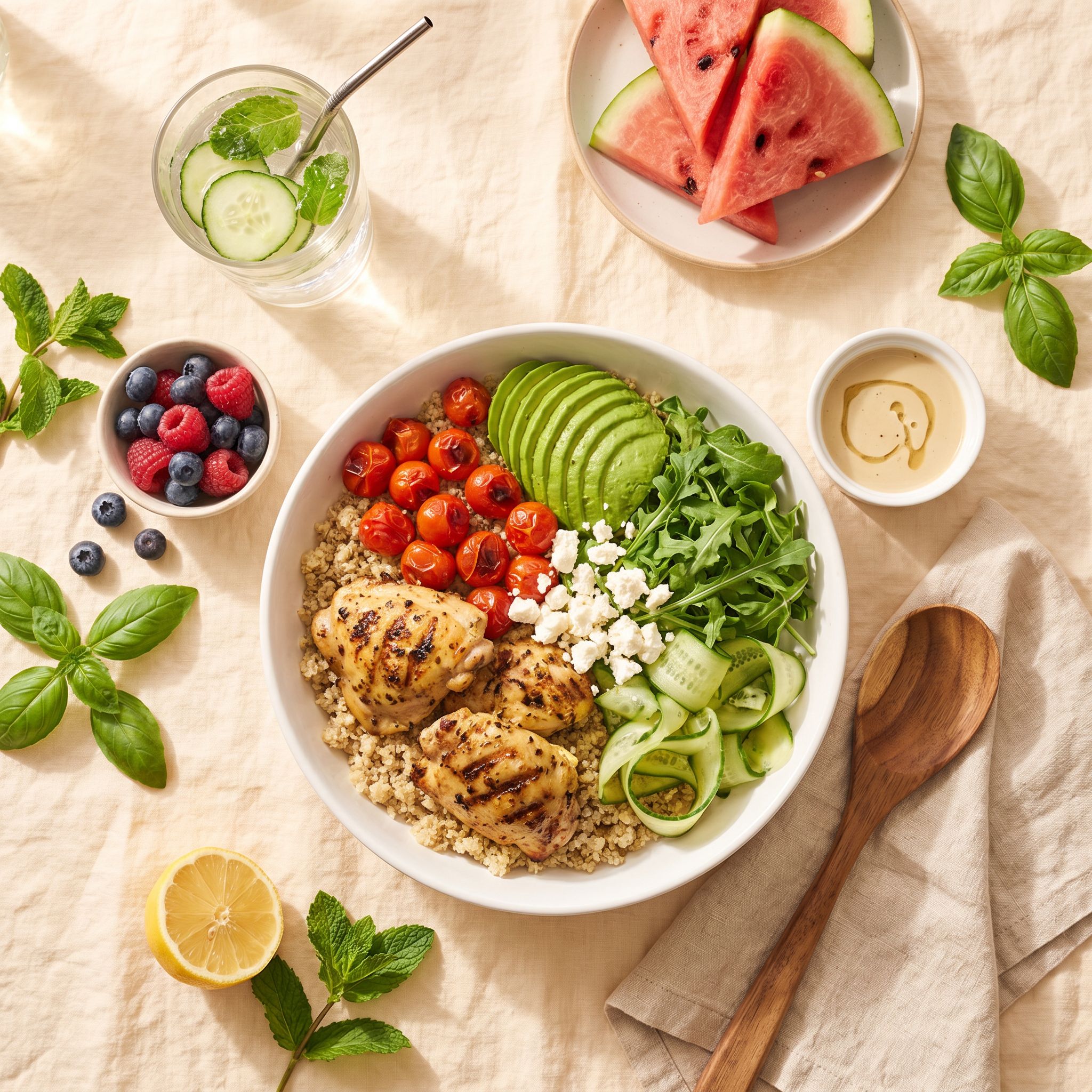 A beautiful, abundant healthy meal: grilled chicken quinoa bowl with veggies, fruit, and infused water